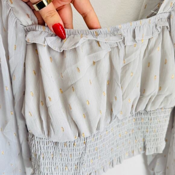 NEW BY THE RIVER Grey Gold Metallic Polka Dot Long Sleeve $88 Crop Top Blouse S - Picture 7 of 16